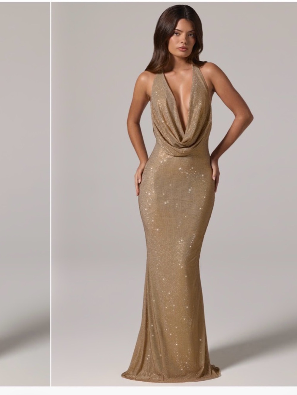 Oh Polly Gold Sequin Cowl Halter Maxi Dress